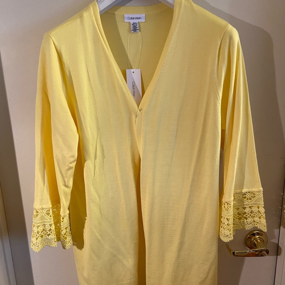 Calvin Klein Soft Yellow Open Cardigan with Lace Trim